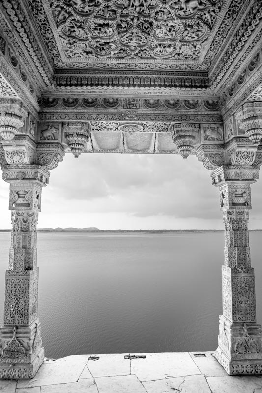 Section of a pavilion elaborating the fine engravings on pillars and their adjacent ceiling panel at Rajsamand embankment